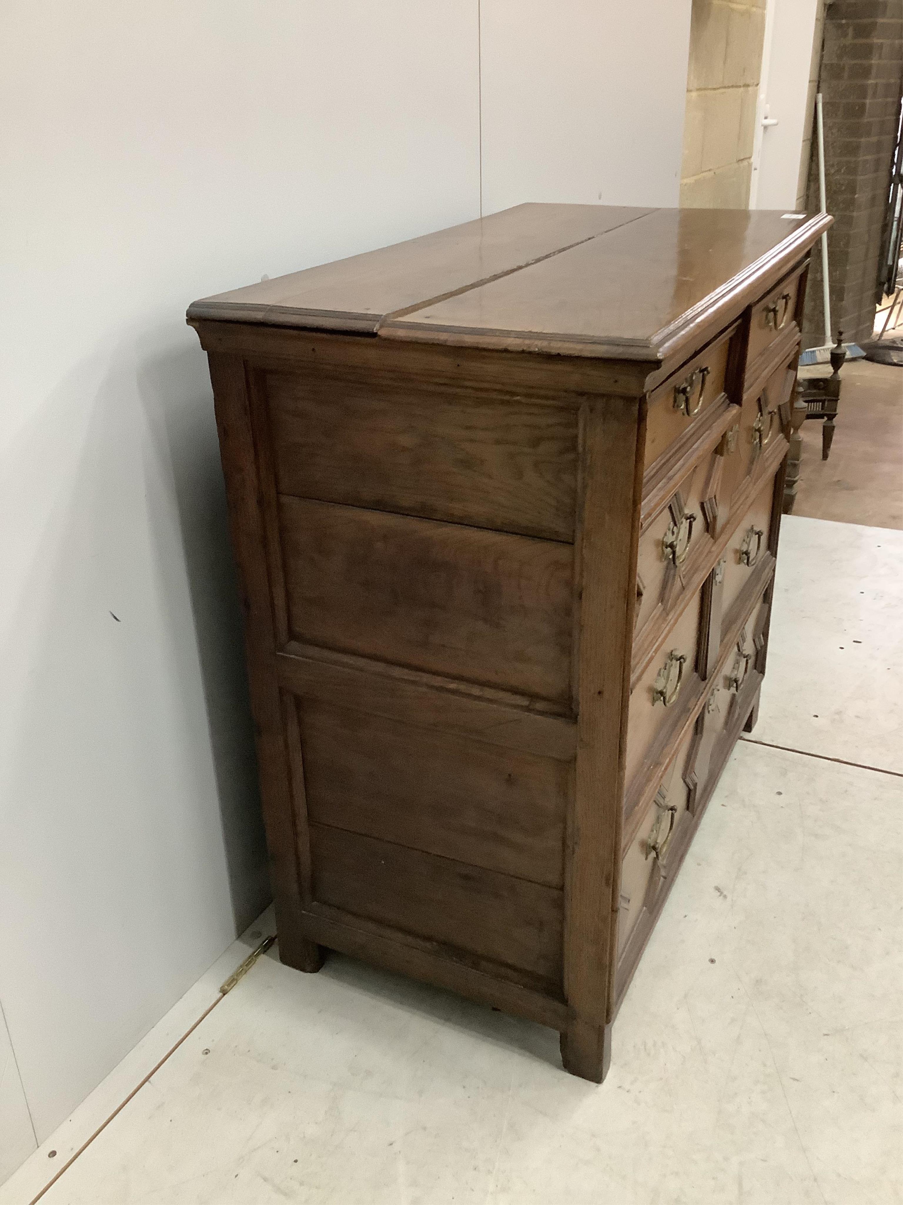 A Carolean geometric moulded oak chest of drawers, width 97cm, depth 51cm, height 91cm. Condition - poor